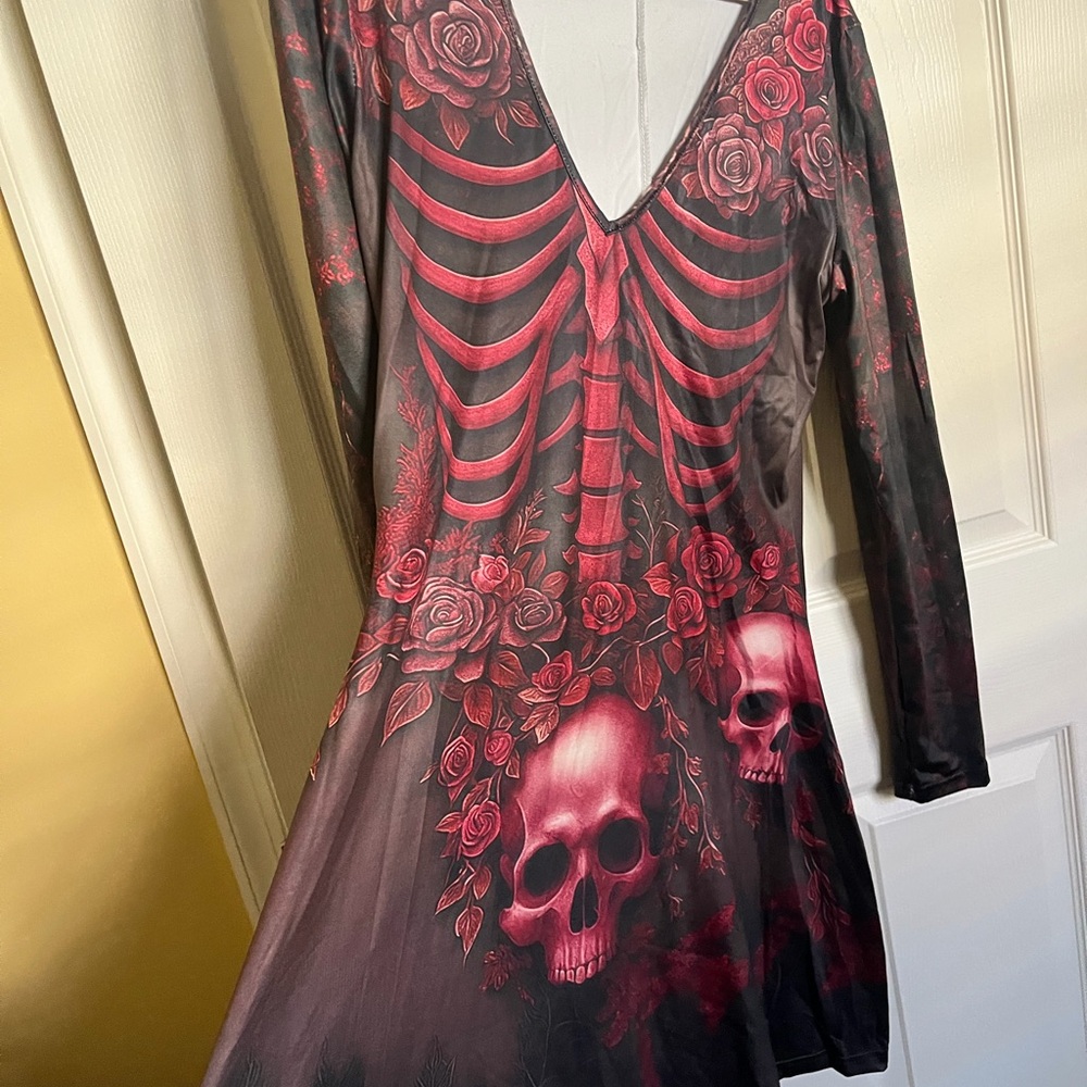 Red Skull & Ribcage Floral Long-Sleeve Women's Dress